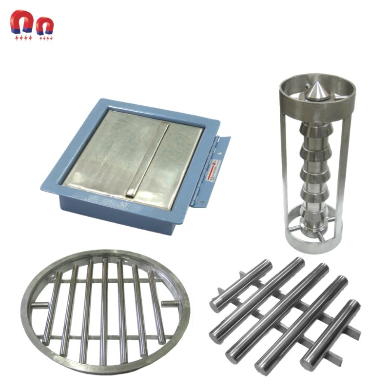 Various industrial magnetic separators: plate, grate, and tube designs.