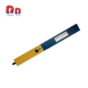 Yellow and blue security wand with a button, detecting metal objects.