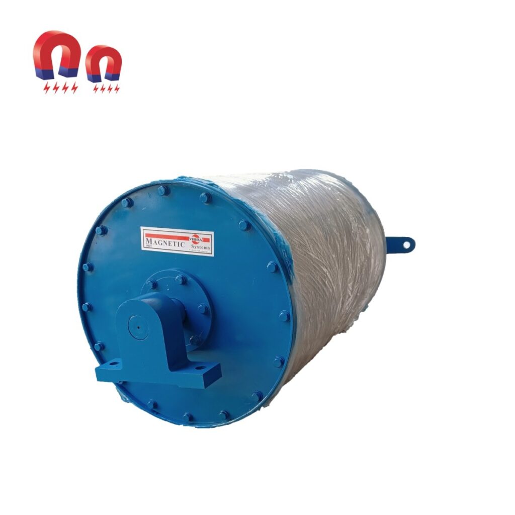 Blue magnetic pulley, with red logo, used to remove metal from a conveyor belt.