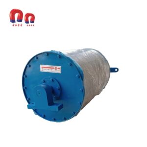 Blue magnetic pulley, with red logo, used to remove metal from a conveyor belt.