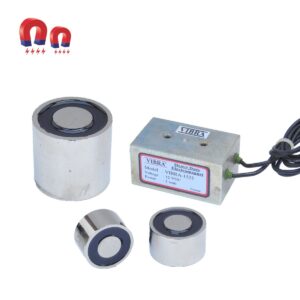 Electromagnetic locks and controller. Cylindrical metal components with wires, and a small control box.