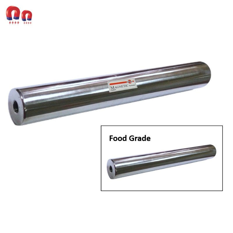 Food-grade magnetic rod for removing metal contaminants. Stainless steel, cylindrical, with end-hole, inset image.
