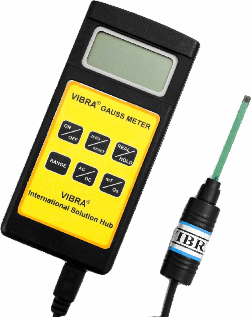 Gauss meter with digital display and probe, black and yellow, by VIBRA International Solution Hub.