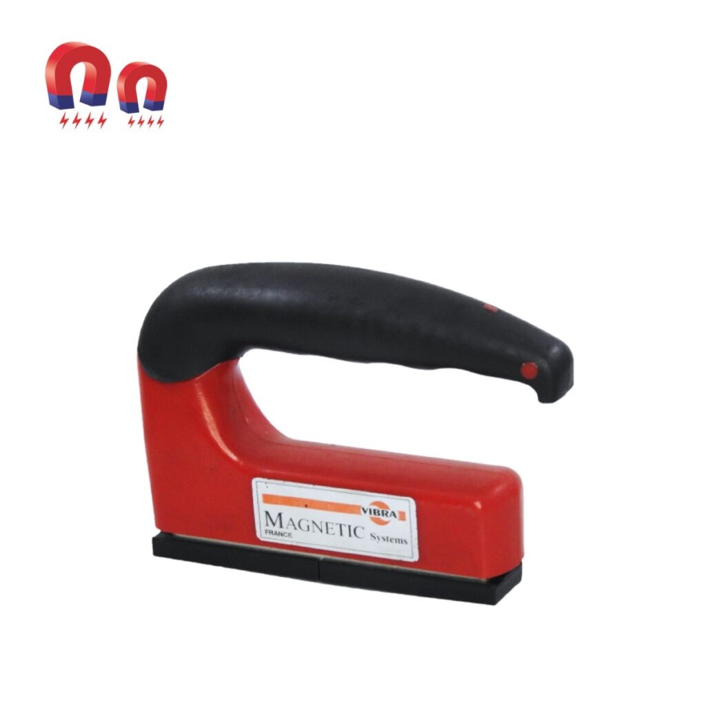 Red and black magnetic pick-up tool with a handle.