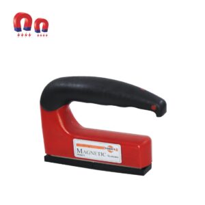 Red and black magnetic pick-up tool with a handle.