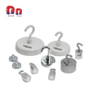Magnetic hooks and small weights, varying sizes, metal and white, with curved hooks.