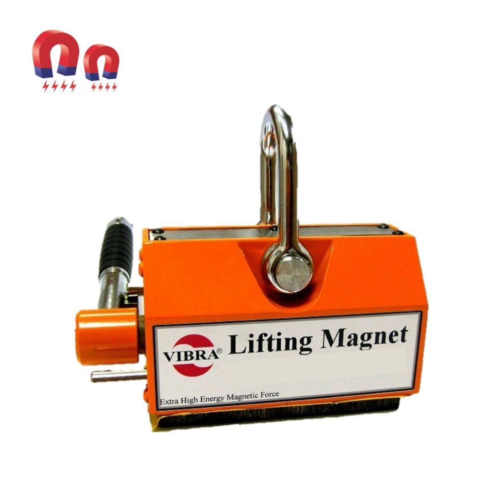 Orange and silver lifting magnet with a hook, used for material handling.