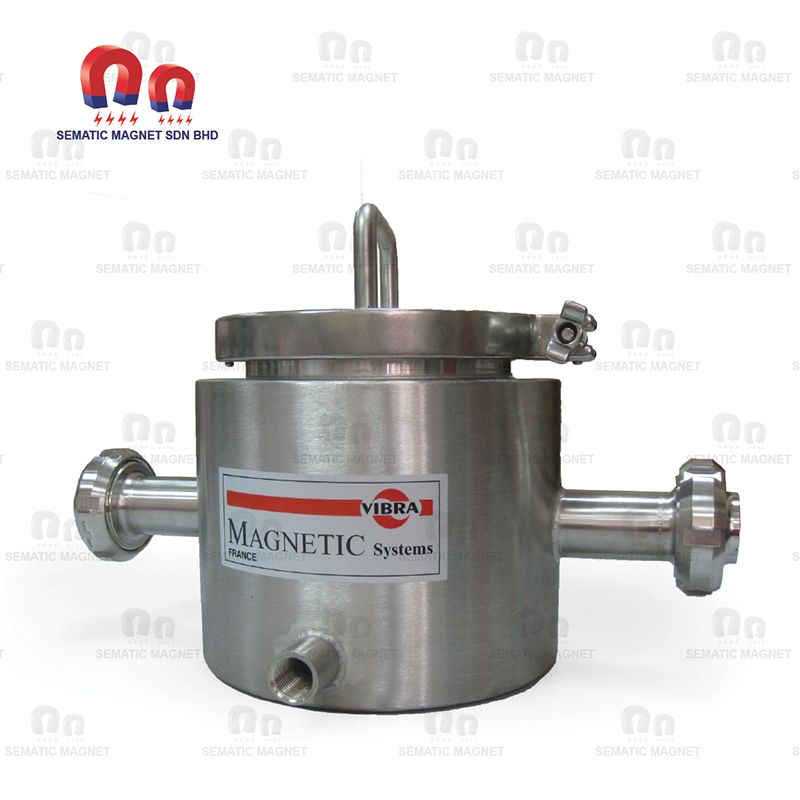 Stainless steel magnetic separator with inlet/outlet pipes and a top handle.