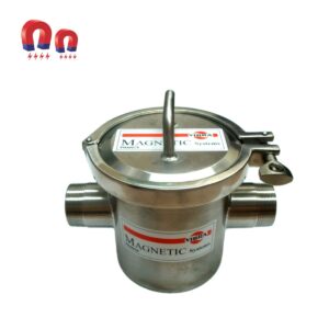 Stainless steel magnetic filter with handle and clamp, for removing metal particles from liquids.