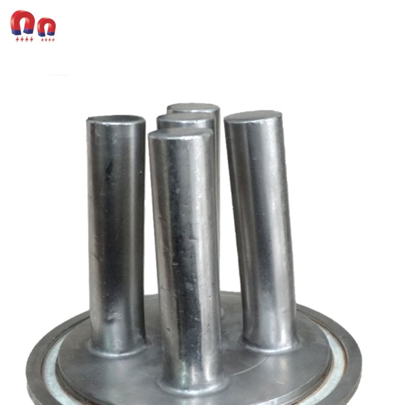 Stainless steel magnetic separator with several vertical rods attached to a round base