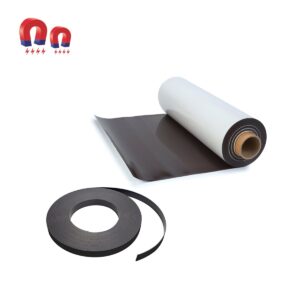 Rolls of flexible magnetic sheet and magnetic tape; the sheet is brown/black, and the tape is black.