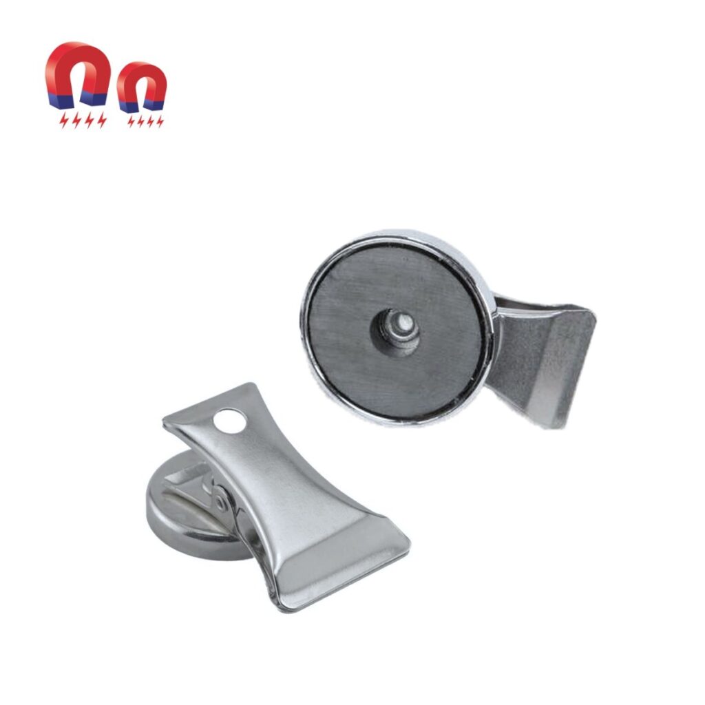 Two magnetic door catches, silver metal with large round magnets.