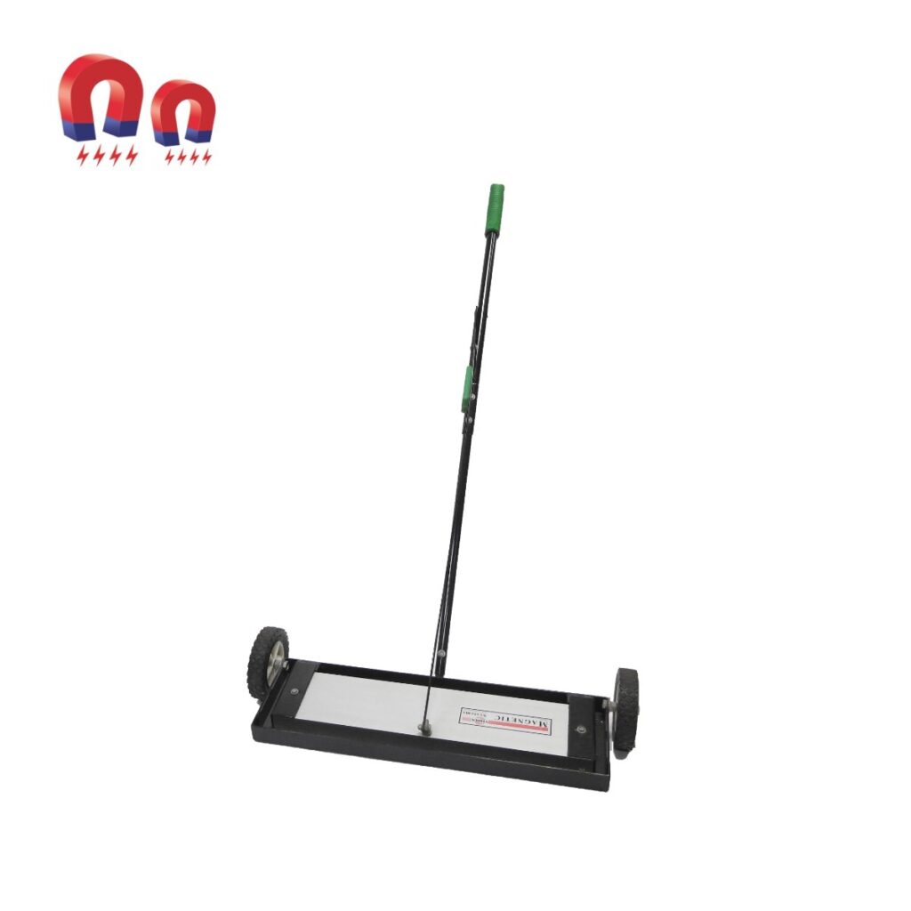 Magnetic sweeper with black frame, wheels, and handle; for picking up metal debris.