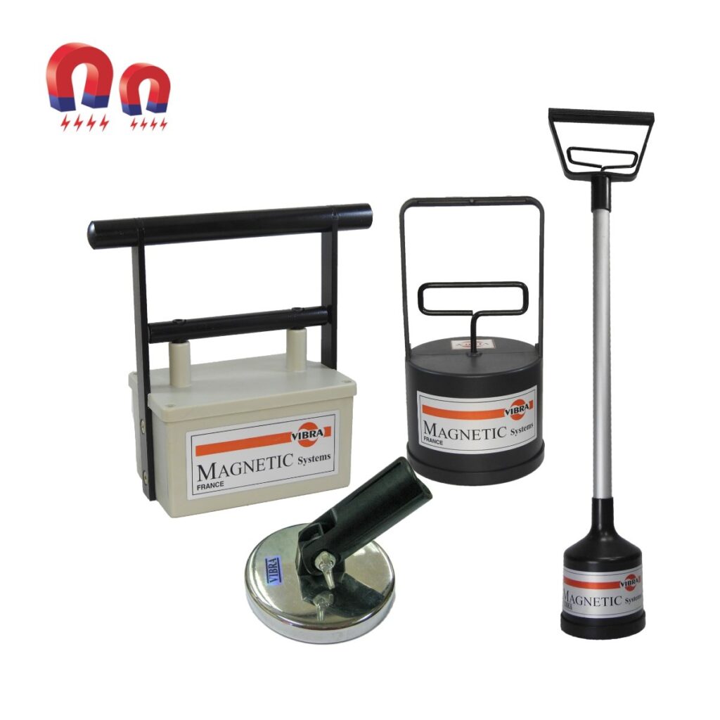 Magnetic sweepers and retrievers. Various sizes and styles; black, silver, and white with red and blue text.