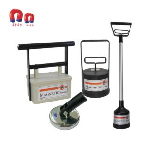 Magnetic sweepers and retrievers. Various sizes and styles; black, silver, and white with red and blue text.