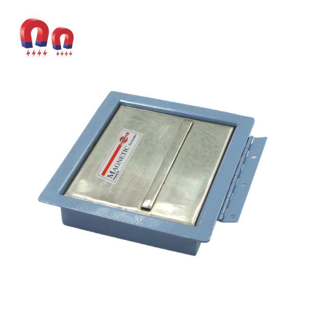 Blue magnetic drawer with a stainless steel top, hinges on the right, and a magnet graphic in the top left.