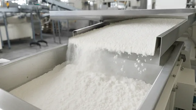White pellets pouring from a conveyor belt into a container in a factory setting.