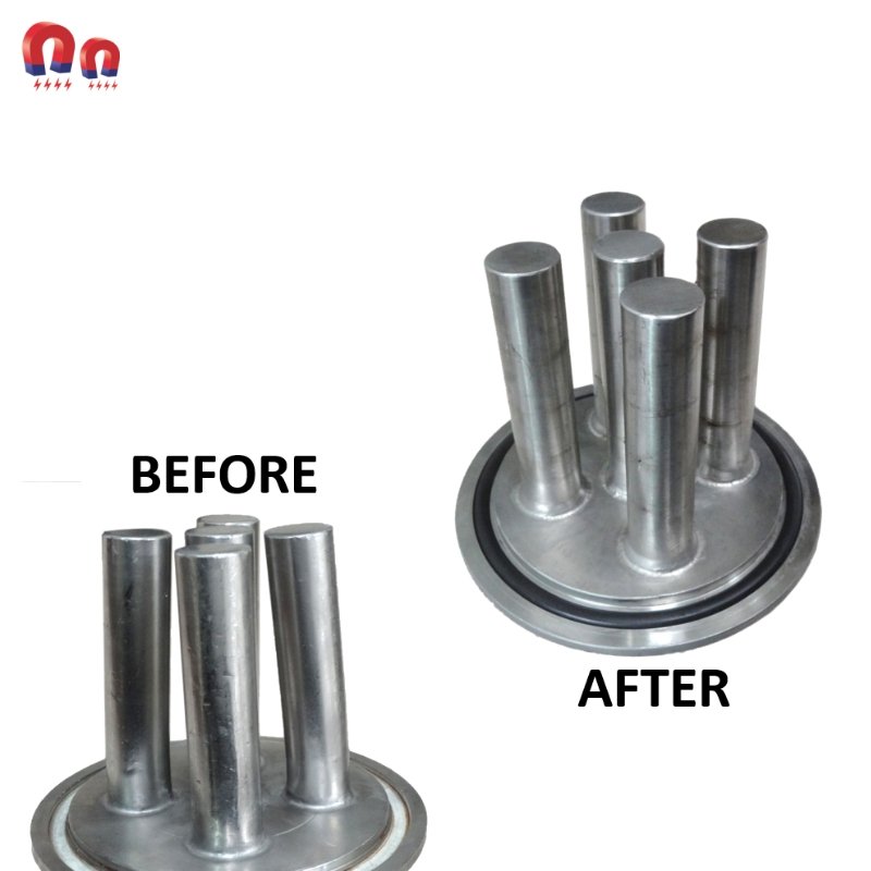 Stainless steel magnetic separator for removing metal contaminants from liquids or solids.