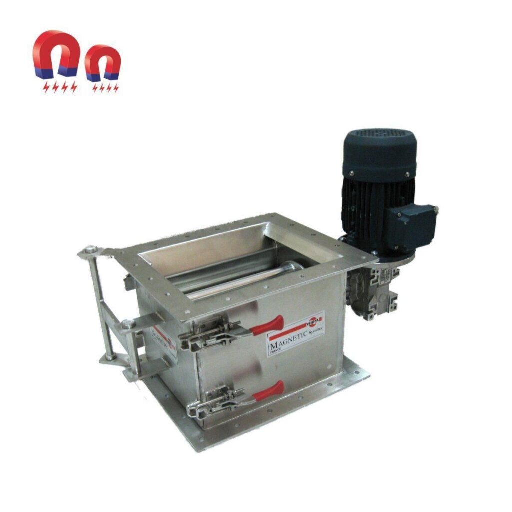 Magnetic separator with a motor attached, designed to remove ferrous materials from products.
