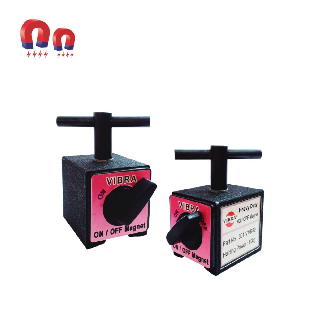 Two black magnetic bases with red labels, turn knobs, and handles, set against a white background.