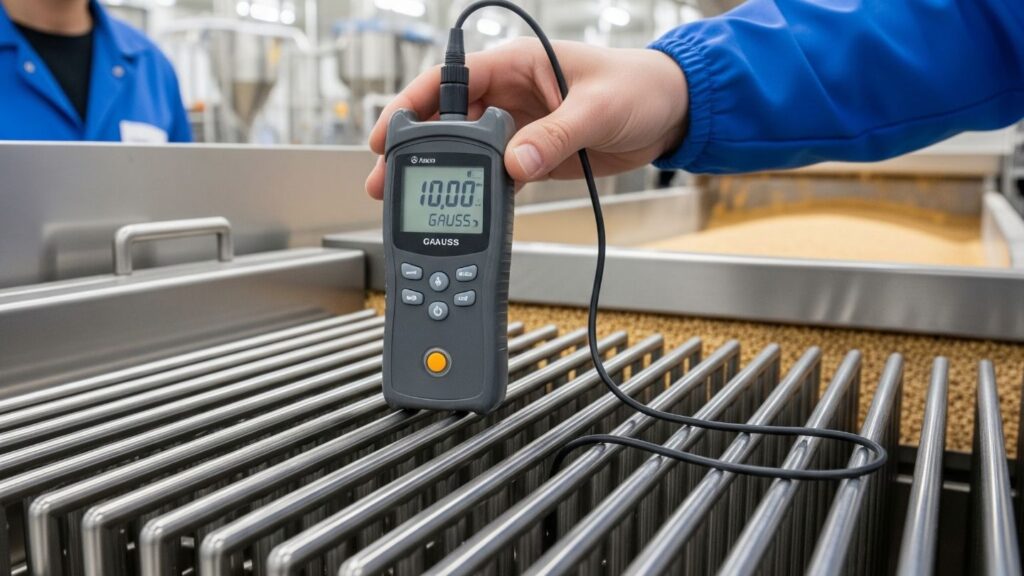 A person using a digital gauss meter to test the magnetic strength of industrial separator bars in a processing facility.