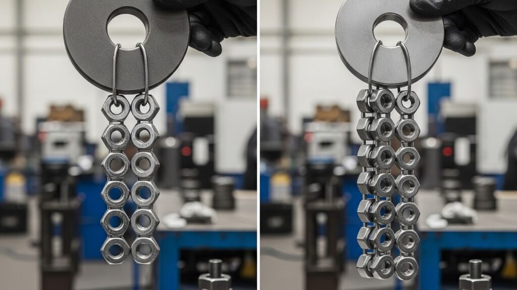 Industrial workshop setting with metal hex nuts hanging in vertical chains from a large steel washer held by a gloved hand.